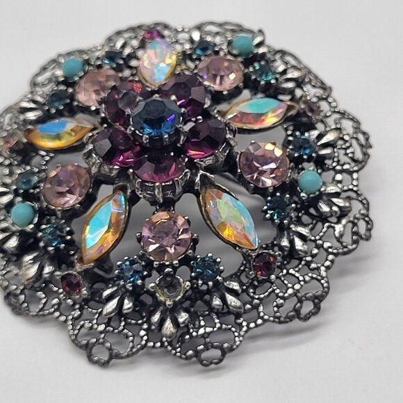 VTG Brooch Silver Tone AB Purple Pink Rhinestones w/ Blue Cabochon Accents *READ - Picture 4 of 8